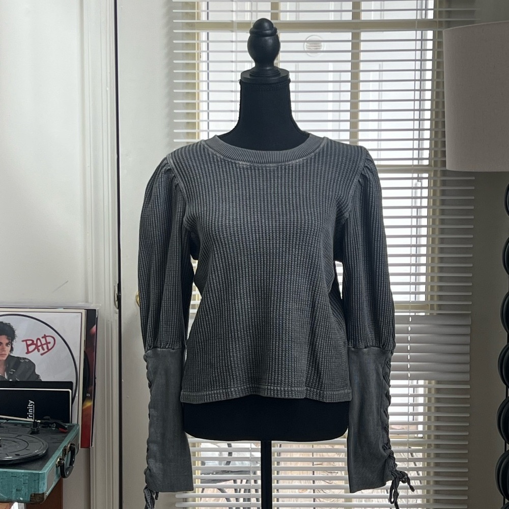 Free People Gray Ribbed Tie Front Long Sleeve Blouse - Picture 9 of 9